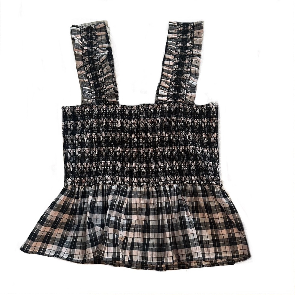 Ganni smocked plaid print tank